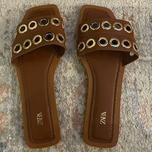 Zara Tan Slide Sandals with Silver and Gold Eyelets